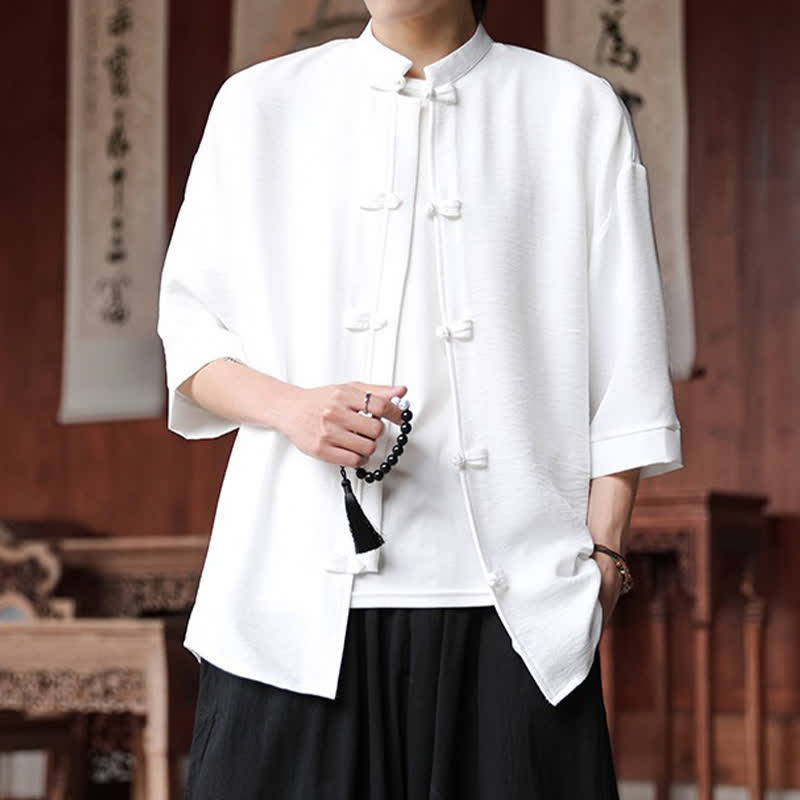 Buddha Stones Summer Tang Style Mandarin Collar Frog Button Solid Men's Elbow-Length Sleeve Shirts - image 7