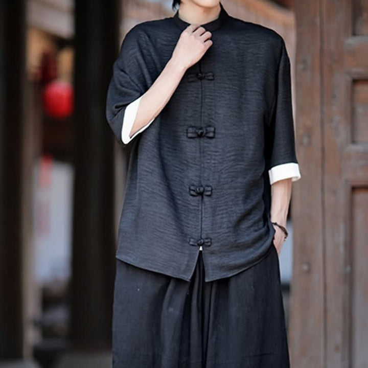 Buddha Stones Summer Tang Style Mandarin Collar Frog Button Solid Men's Elbow-Length Sleeve Shirts - image 13