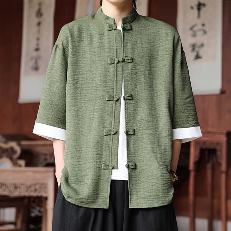 Buddha Stones Summer Tang Style Mandarin Collar Frog Button Solid Men's Elbow-Length Sleeve Shirts - image 1