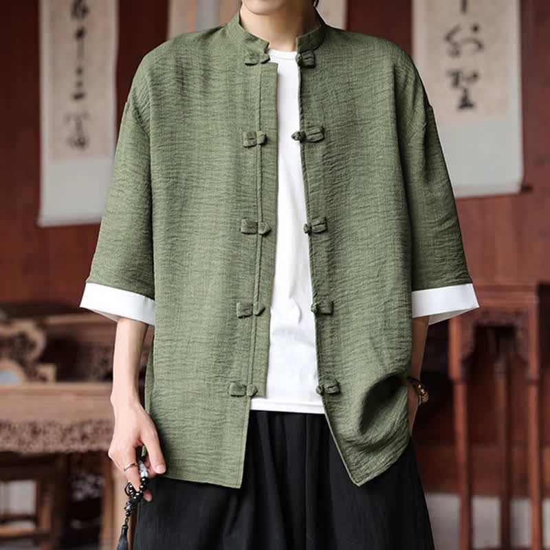 Buddha Stones Summer Tang Style Mandarin Collar Frog Button Solid Men's Elbow-Length Sleeve Shirts - image 5