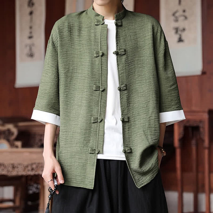 Buddha Stones Summer Tang Style Mandarin Collar Frog Button Solid Men's Elbow-Length Sleeve Shirts - image 5