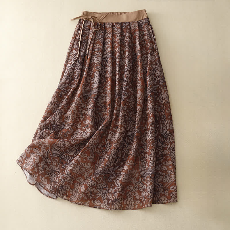 Buddha Stones Summer Drawstring Floral Print Lace-up Women's Skirts With Pockets - Maroon - US12，UK/AU16，EU44 (2XL) - image 0