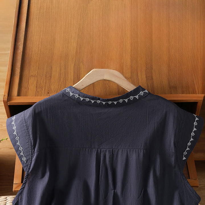 Buddha Stones Summer Button-Up Solid Crew Neck Women's Sleeveless Shirts - image 9
