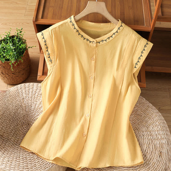 Buddha Stones Summer Button-Up Solid Crew Neck Women's Sleeveless Shirts - Khaki - US8-10，UK/AU12-14，EU40-42 (2XL) - image 0