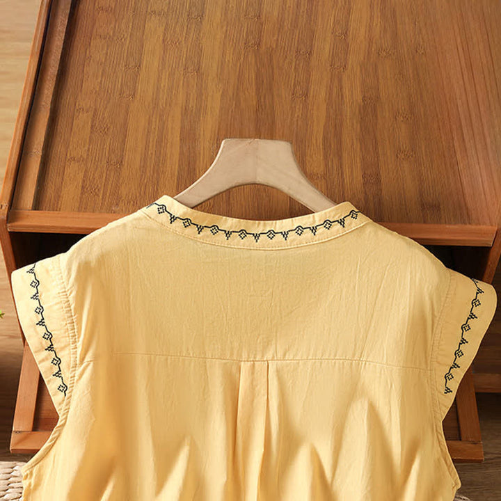 Buddha Stones Summer Button-Up Solid Crew Neck Women's Sleeveless Shirts - image 2
