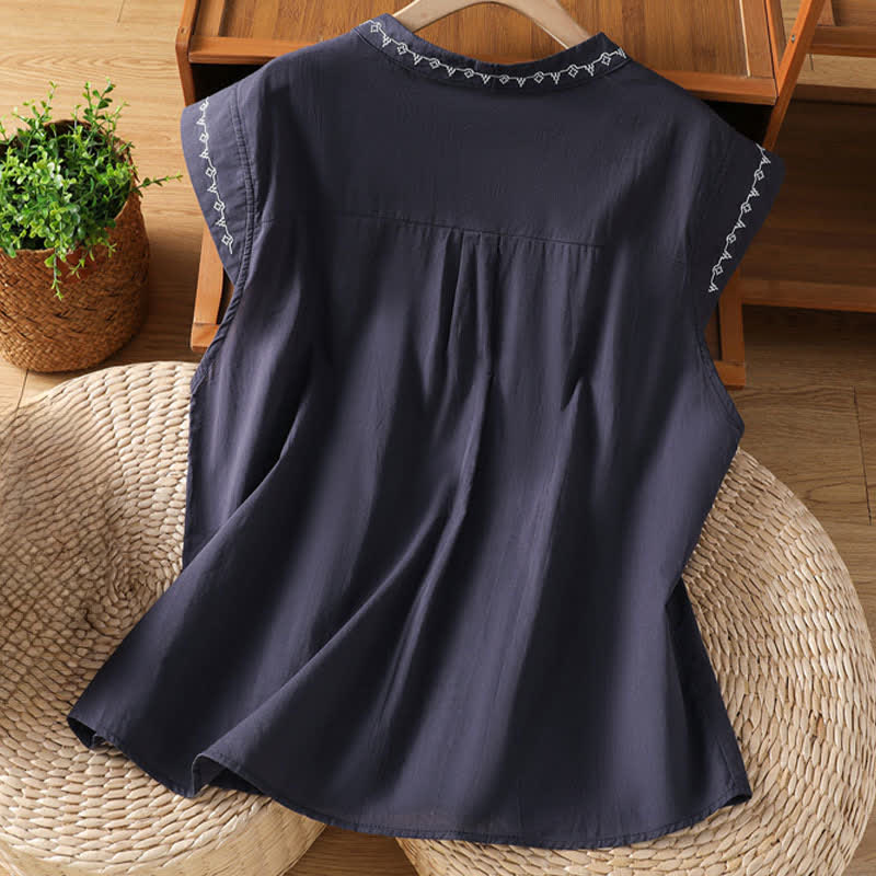 Buddha Stones Summer Button-Up Solid Crew Neck Women's Sleeveless Shirts - image 7