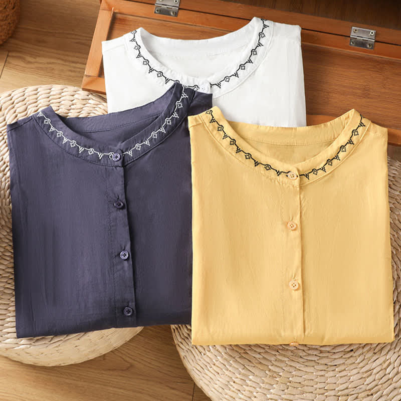 Buddha Stones Summer Button-Up Solid Crew Neck Women's Sleeveless Shirts - image 20
