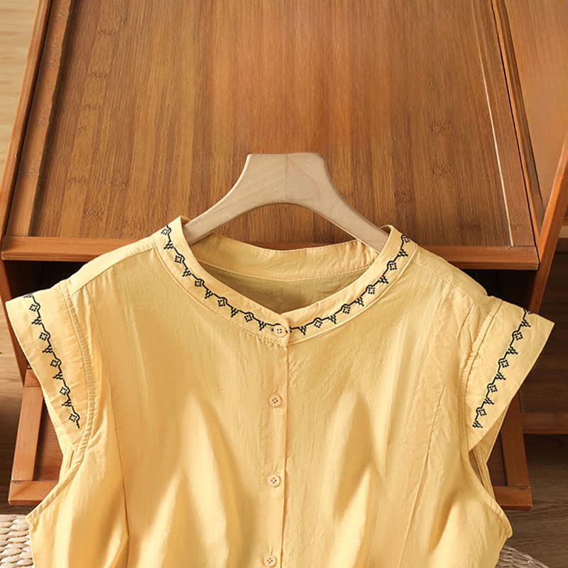 Buddha Stones Summer Button-Up Solid Crew Neck Women's Sleeveless Shirts - image 1