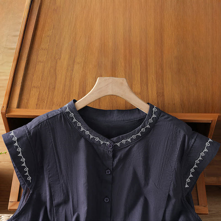 Buddha Stones Summer Button-Up Solid Crew Neck Women's Sleeveless Shirts - image 8