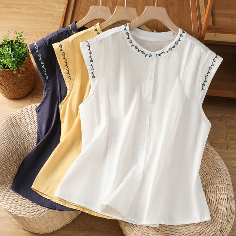 Buddha Stones Summer Button-Up Solid Crew Neck Women's Sleeveless Shirts - image 19