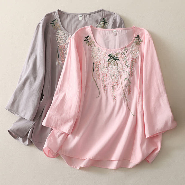 Buddha Stones Spring Embroidery Side Slit Floral Women's Three-Quarter Sleeve Shirts - image 28