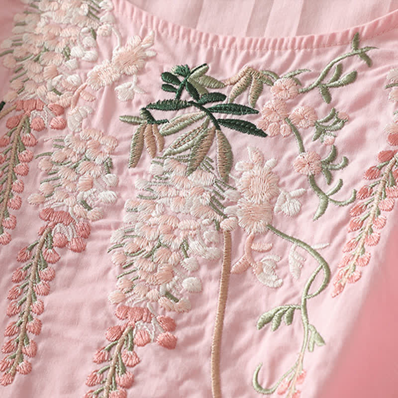 Buddha Stones Spring Embroidery Side Slit Floral Women's Three-Quarter Sleeve Shirts - image 15