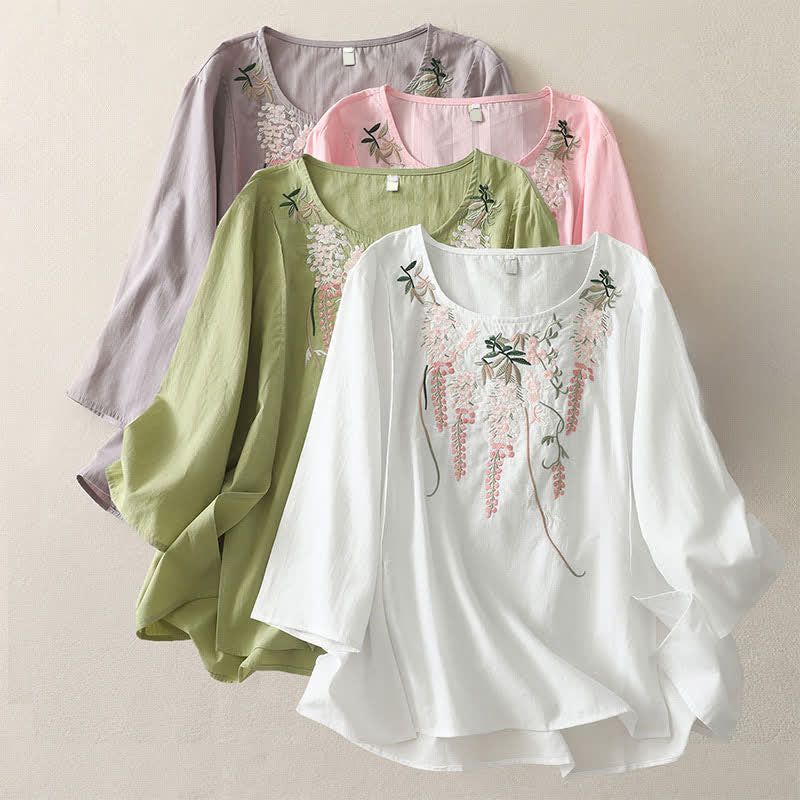 Buddha Stones Spring Embroidery Side Slit Floral Women's Three-Quarter Sleeve Shirts - image 30