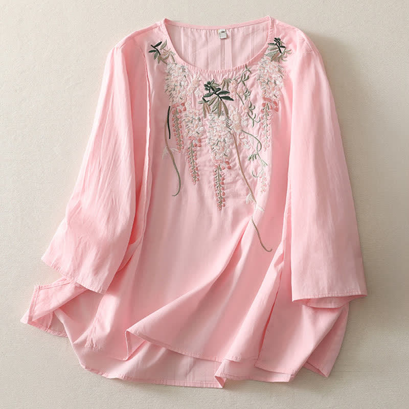Buddha Stones Spring Embroidery Side Slit Floral Women's Three-Quarter Sleeve Shirts - image 10