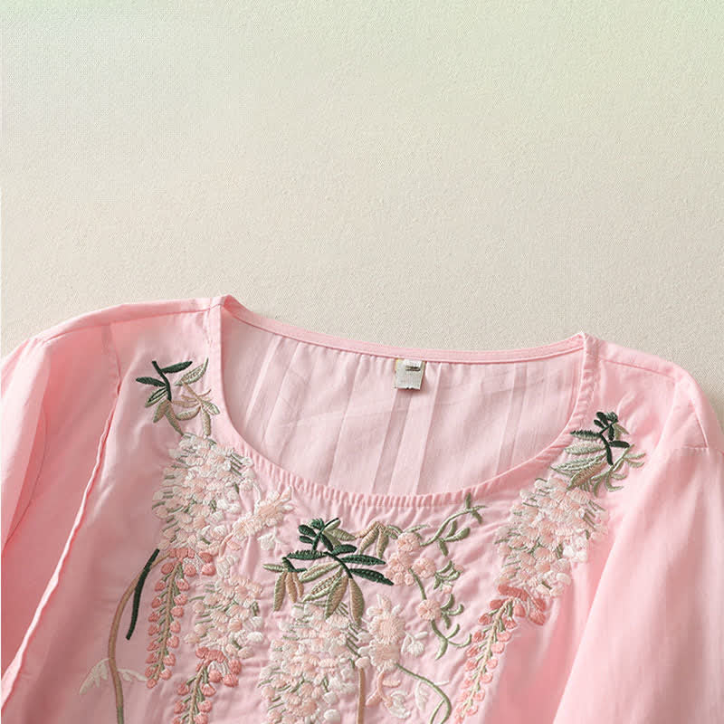 Buddha Stones Spring Embroidery Side Slit Floral Women's Three-Quarter Sleeve Shirts - image 12