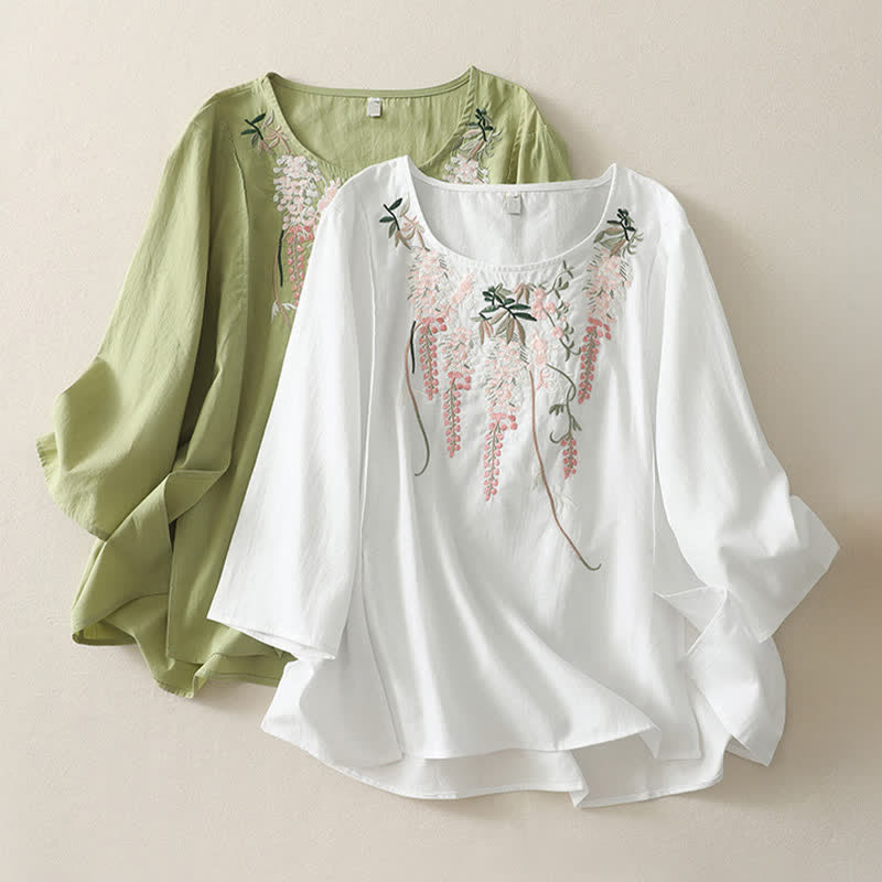 Buddha Stones Spring Embroidery Side Slit Floral Women's Three-Quarter Sleeve Shirts - image 27