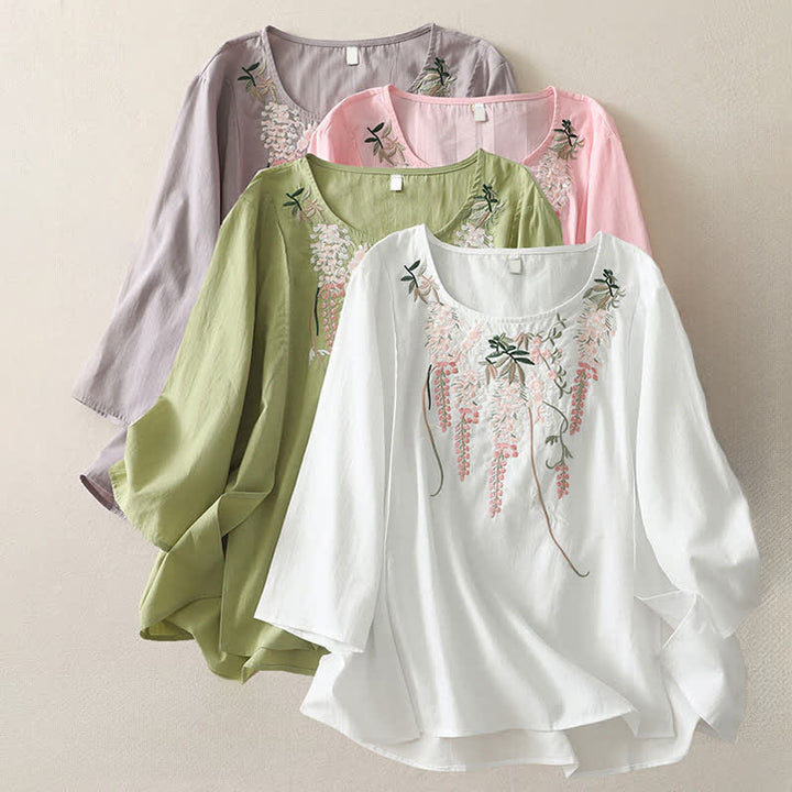 Buddha Stones Spring Embroidery Side Slit Floral Women's Three-Quarter Sleeve Shirts - image 29