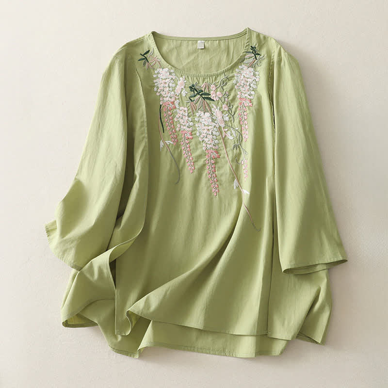Buddha Stones Spring Embroidery Side Slit Floral Women's Three-Quarter Sleeve Shirts - White - US8-10，UK/AU12-14，EU40-42 (2XL) - image 0