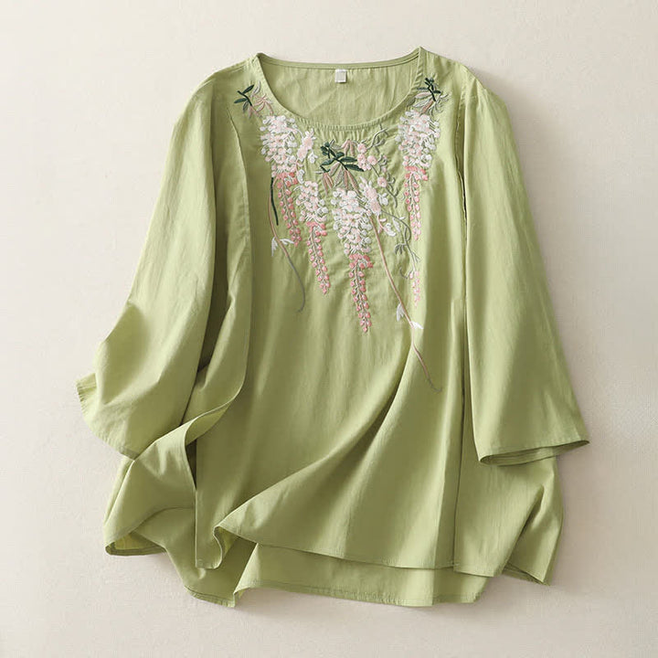 Buddha Stones Spring Embroidery Side Slit Floral Women's Three-Quarter Sleeve Shirts - White - US8-10，UK/AU12-14，EU40-42 (2XL) - image 0