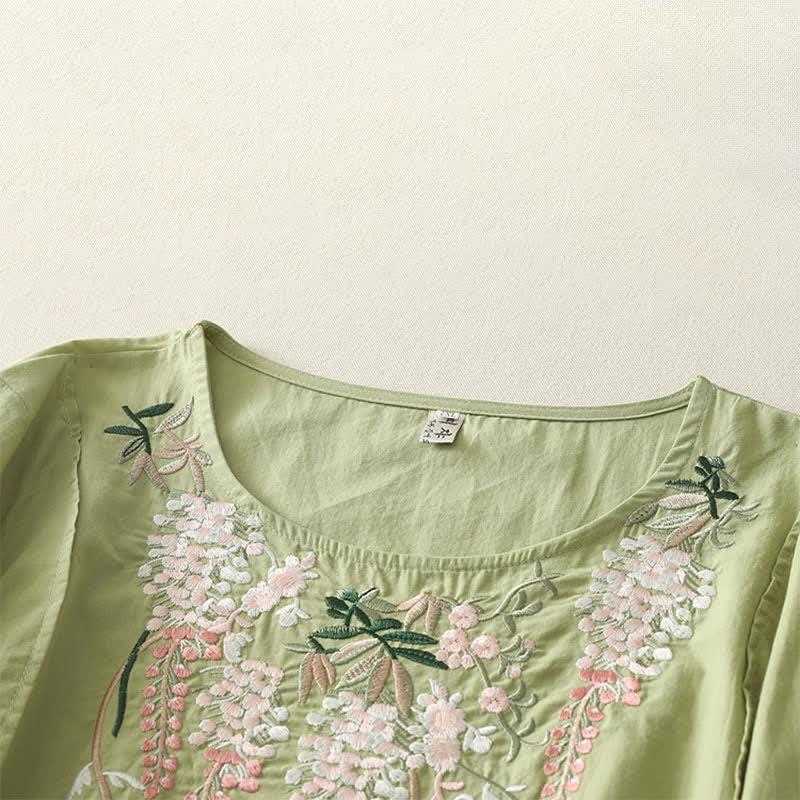 Buddha Stones Spring Embroidery Side Slit Floral Women's Three-Quarter Sleeve Shirts - image 1