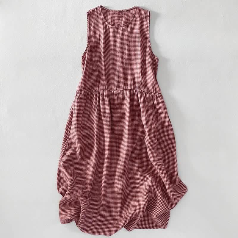 Buddha Stones Summer Casual Plaid Cotton Women's Sleeveless Dress With Pockets - image 5