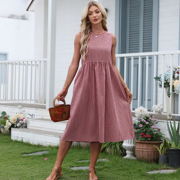 Buddha Stones Summer Casual Plaid Cotton Women's Sleeveless Dress With Pockets - image 2