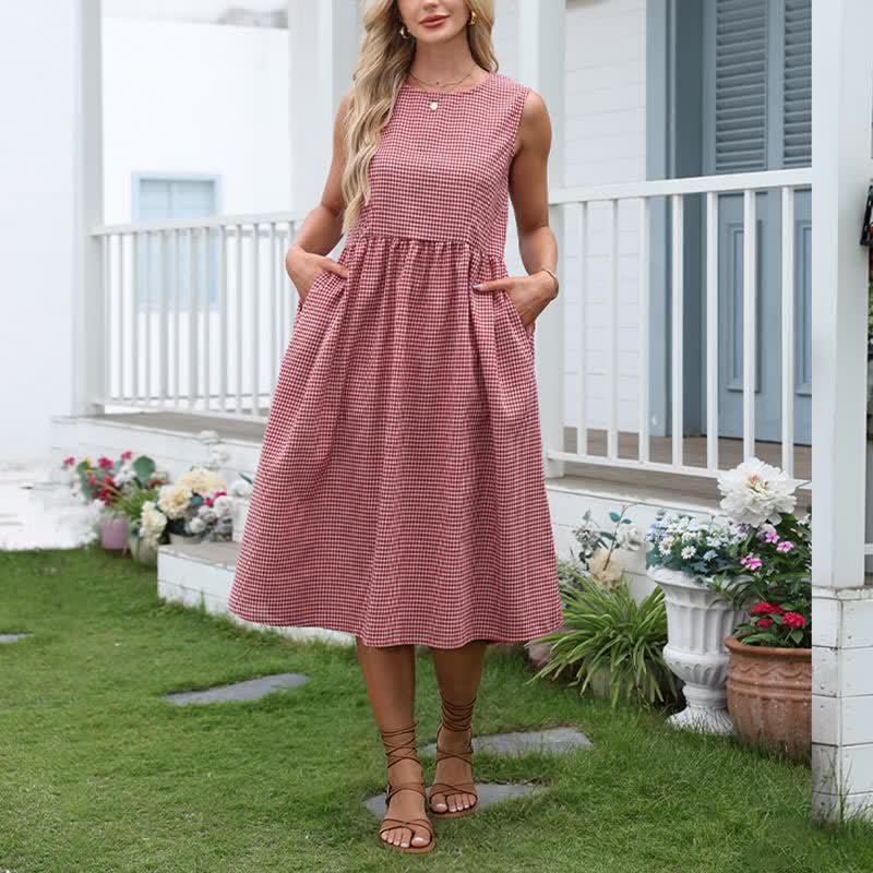 Buddha Stones Summer Casual Plaid Cotton Women's Sleeveless Dress With Pockets - image 1