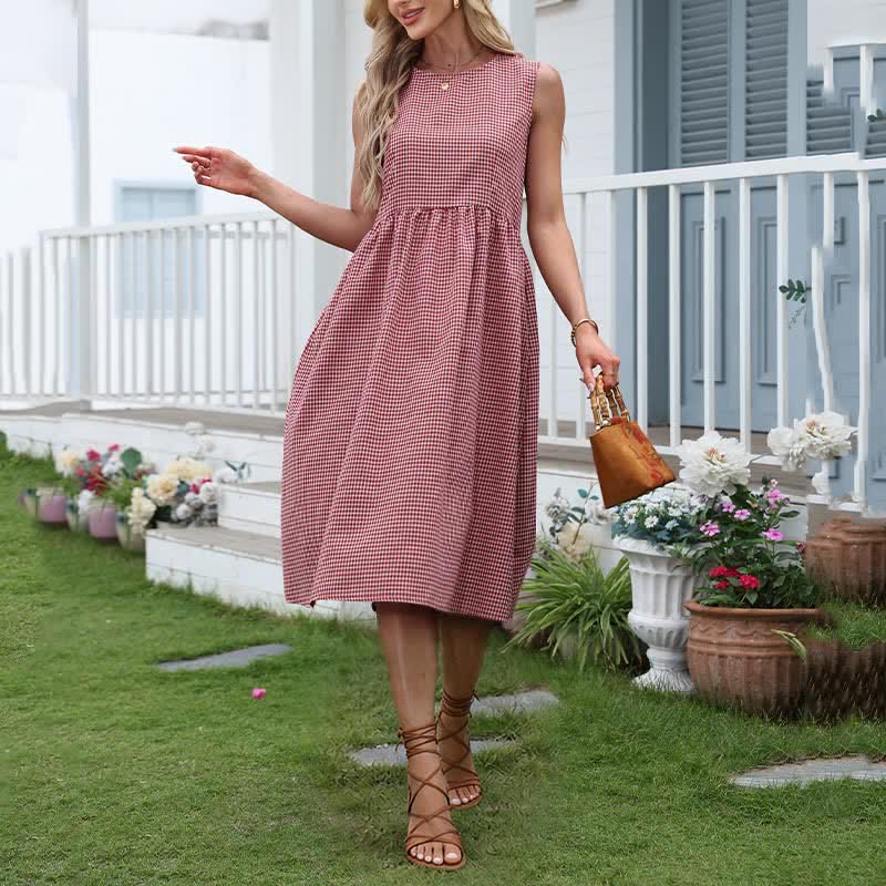 Buddha Stones Summer Casual Plaid Cotton Women's Sleeveless Dress With Pockets - DarkSalmon - US16，UK/AU20，EU48 (3XL) - image 0