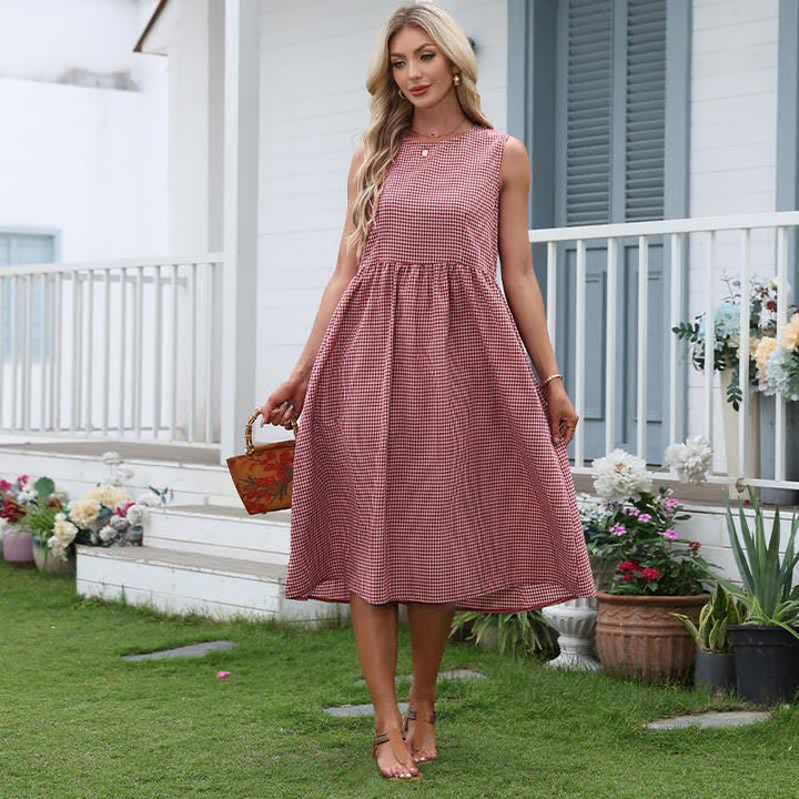 Buddha Stones Summer Casual Plaid Cotton Women's Sleeveless Dress With Pockets - image 3