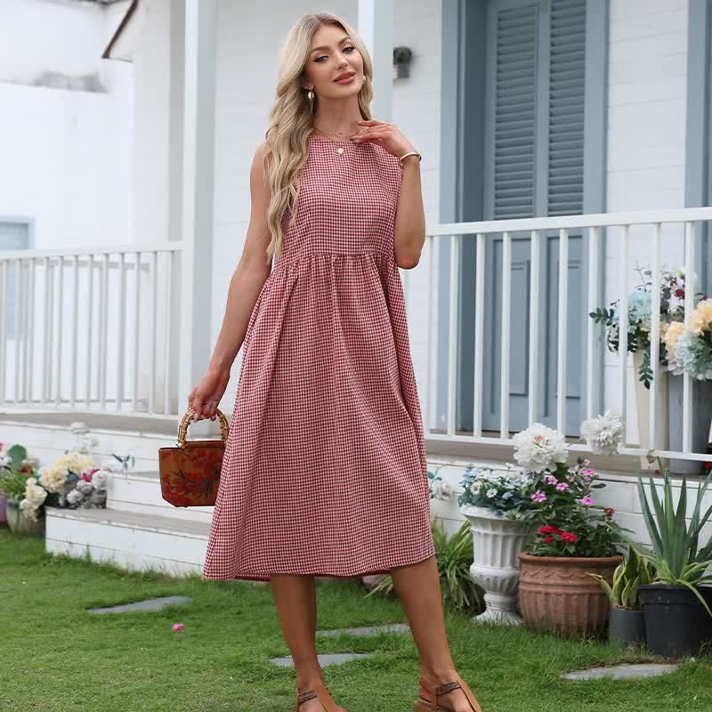 Buddha Stones Summer Casual Plaid Cotton Women's Sleeveless Dress With Pockets - image 4