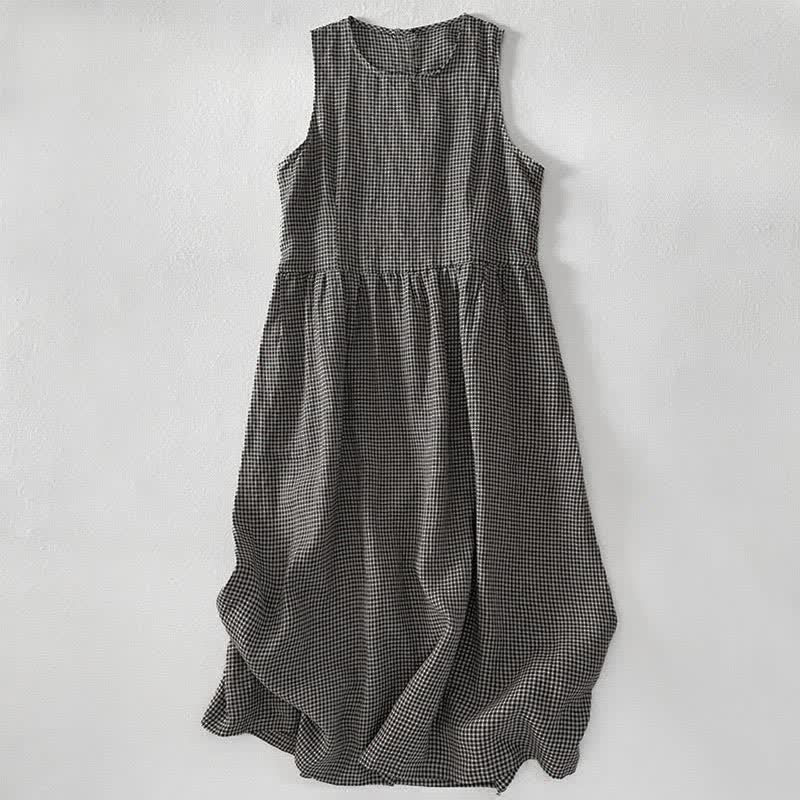 Buddha Stones Summer Casual Plaid Cotton Women's Sleeveless Dress With Pockets - image 10