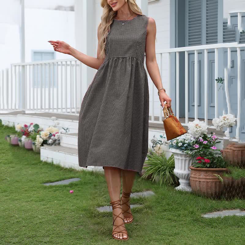 Buddha Stones Summer Casual Plaid Cotton Women's Sleeveless Dress With Pockets - DimGray - US16，UK/AU20，EU48 (3XL) - image 8