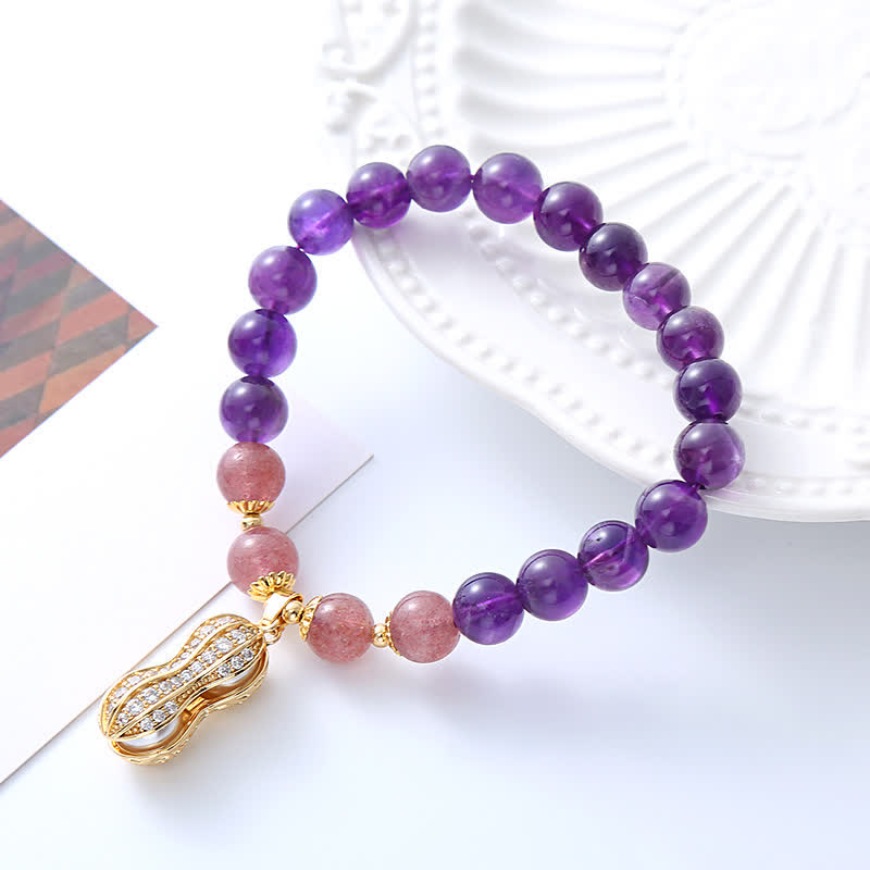 Buddha Stones Natural Amethyst Strawberry Quartz Peanut Good Things Happen Positive Bracelet - image 2