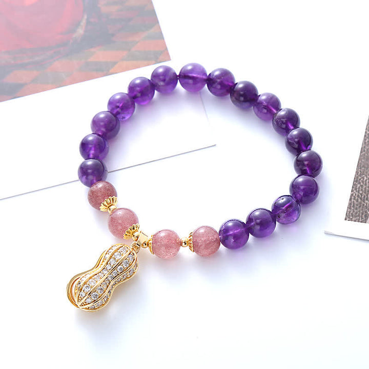 Buddha Stones Natural Amethyst Strawberry Quartz Peanut Good Things Happen Positive Bracelet - image 1