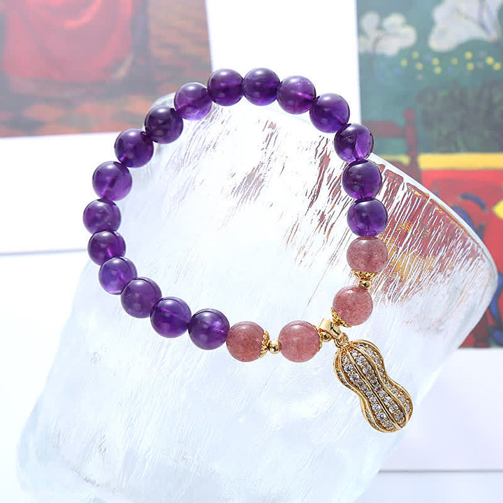 Buddha Stones Natural Amethyst Strawberry Quartz Peanut Good Things Happen Positive Bracelet - image 3