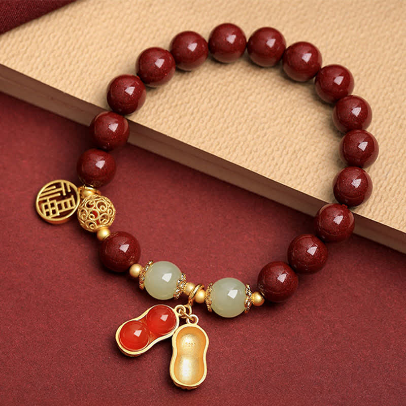 Buddha Stones Natural Cinnabar Fu Character Peanut Good Things Happen Blessing Bracelet - Cinnabar(Wrist Circumference 15-16cm) - image 0