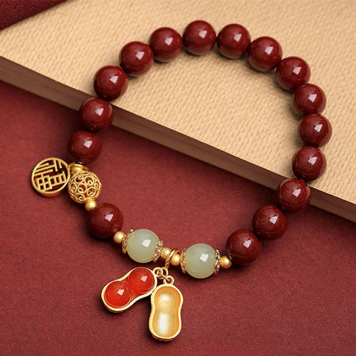 Buddha Stones Natural Cinnabar Fu Character Peanut Good Things Happen Blessing Bracelet - Cinnabar(Wrist Circumference 15-16cm) - image 0