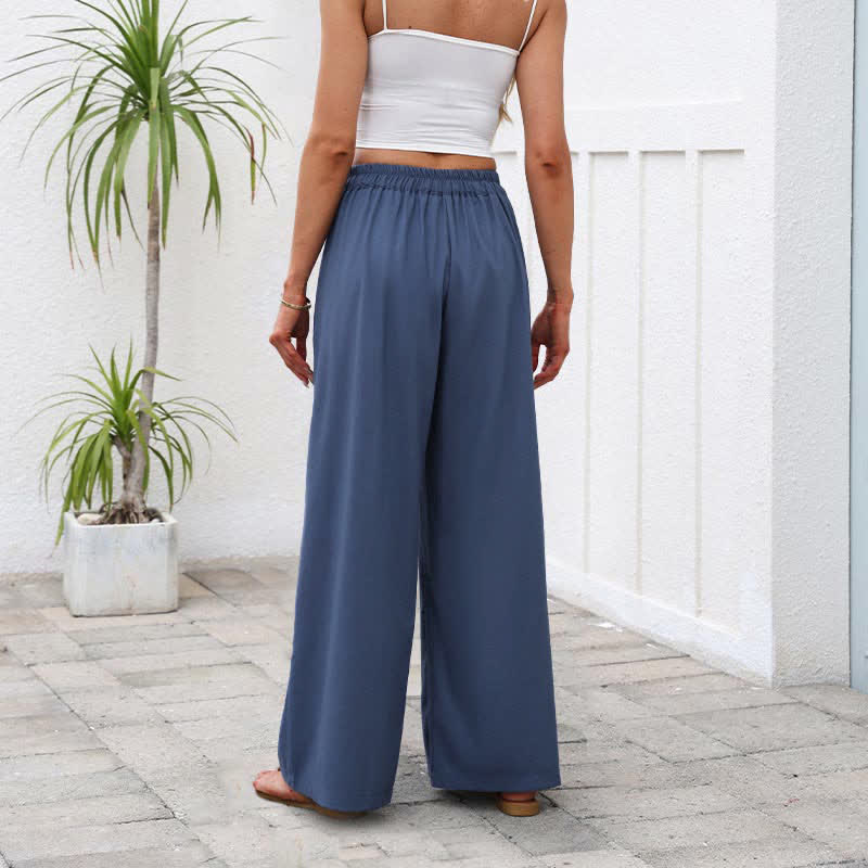 Buddha Stones Plain Color Cotton Linen High Waist Women's Wide Leg Pants With Pockets - image 3