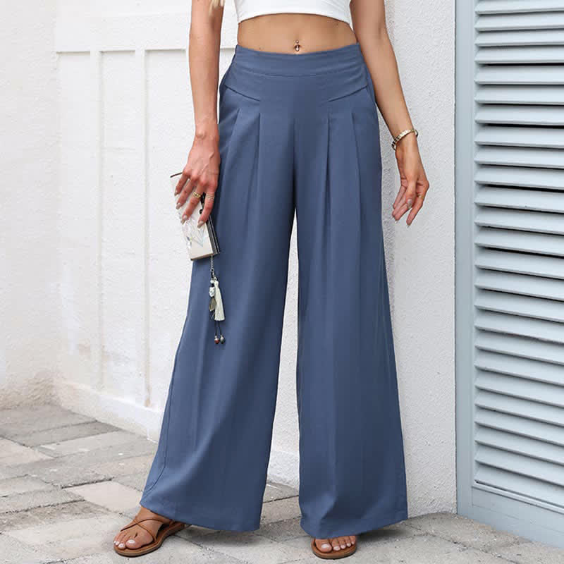 Buddha Stones Plain Color Cotton Linen High Waist Women's Wide Leg Pants With Pockets - SteelBlue - US16，UK/AU20，EU48 (3XL) - image 0