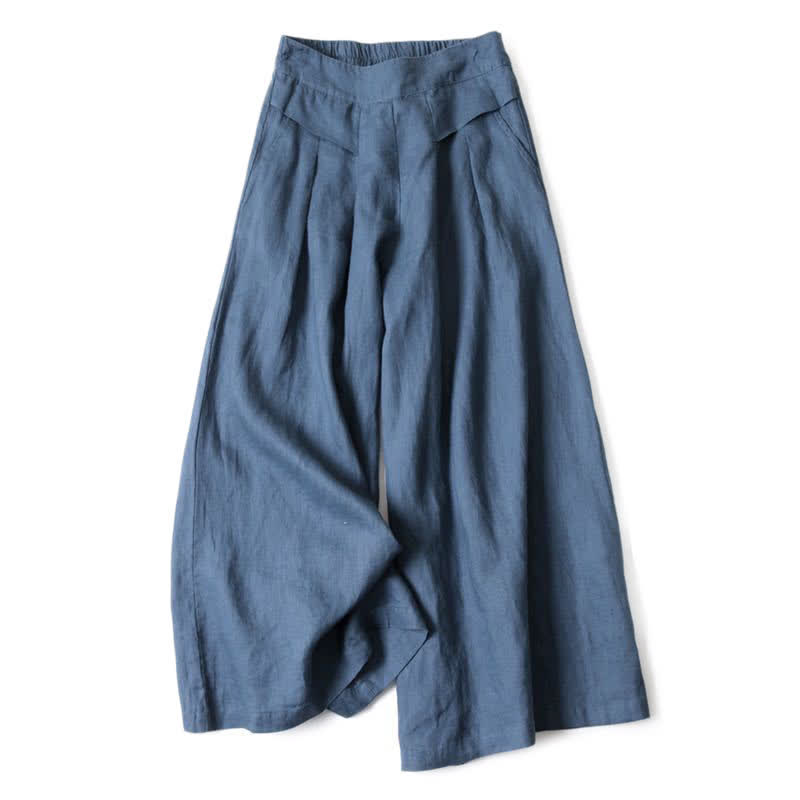 Buddha Stones Plain Color Cotton Linen High Waist Women's Wide Leg Pants With Pockets - image 6