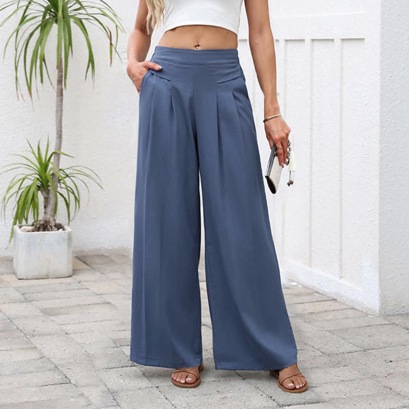 Buddha Stones Plain Color Cotton Linen High Waist Women's Wide Leg Pants With Pockets - image 1