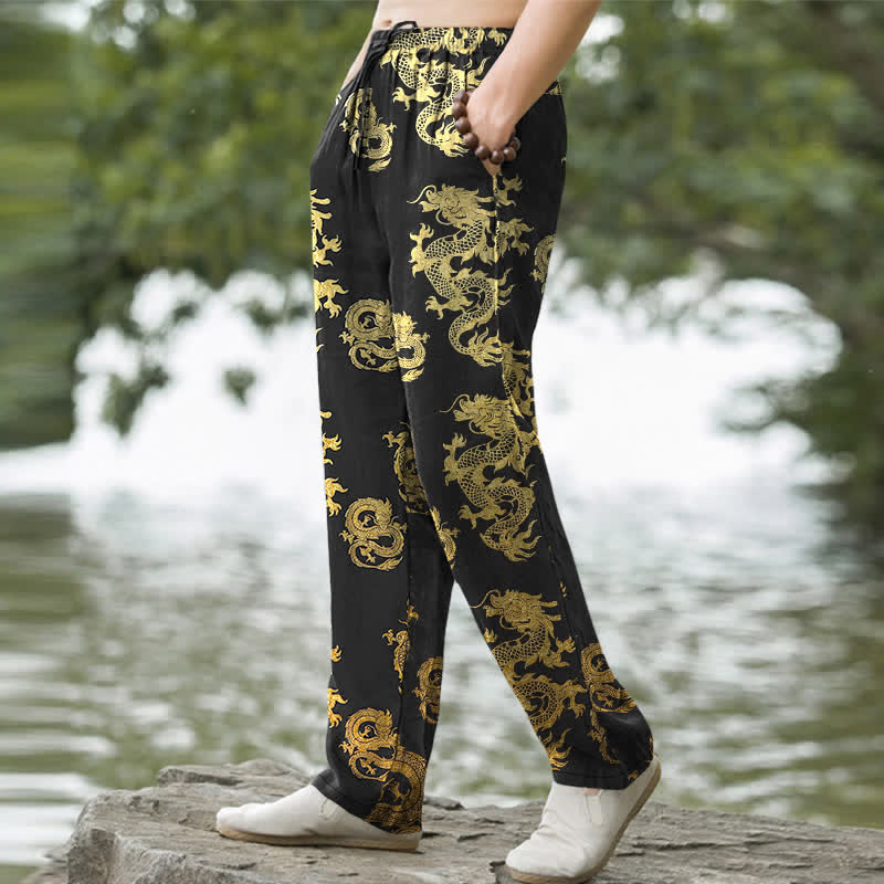 Buddha Stones Cotton Golden Dragon Pattern Men's Tapered Pants With Pockets - image 1