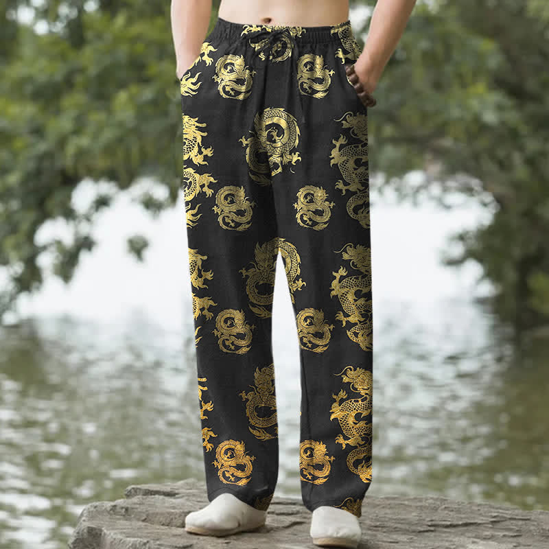 Buddha Stones Cotton Golden Dragon Pattern Men's Tapered Pants With Pockets - Black - US/UK/AU50，EU60 (5XL) - image 0