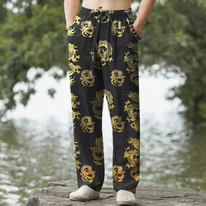 Buddha Stones Cotton Golden Dragon Pattern Men's Tapered Pants With Pockets - Black - US/UK/AU50，EU60 (5XL) - image 0