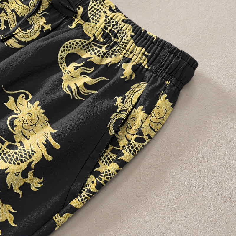 Buddha Stones Cotton Golden Dragon Pattern Men's Tapered Pants With Pockets - image 3