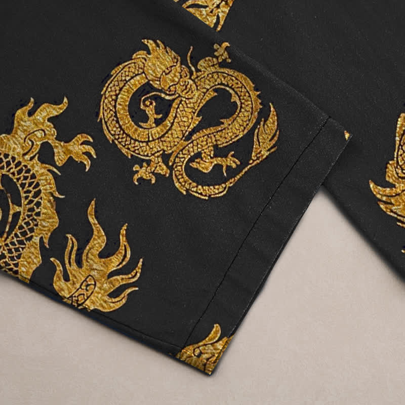 Buddha Stones Cotton Golden Dragon Pattern Men's Tapered Pants With Pockets - image 2