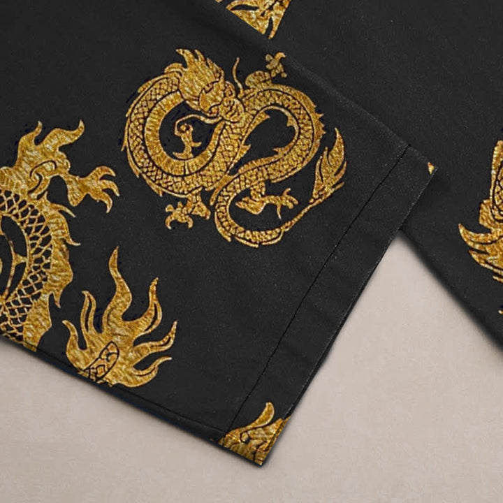 Buddha Stones Cotton Golden Dragon Pattern Men's Tapered Pants With Pockets - image 2