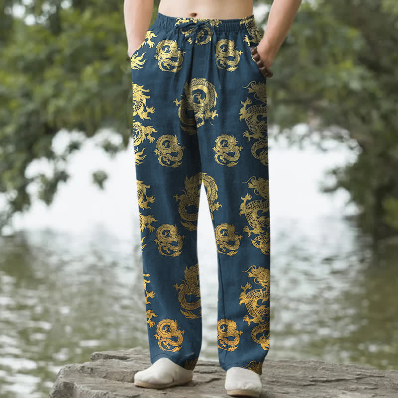 Buddha Stones Cotton Golden Dragon Pattern Men's Tapered Pants With Pockets - SteelBlue - US/UK/AU50，EU60 (5XL) - image 4