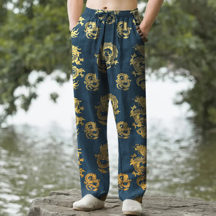 Buddha Stones Cotton Golden Dragon Pattern Men's Tapered Pants With Pockets - SteelBlue - US/UK/AU50，EU60 (5XL) - image 4