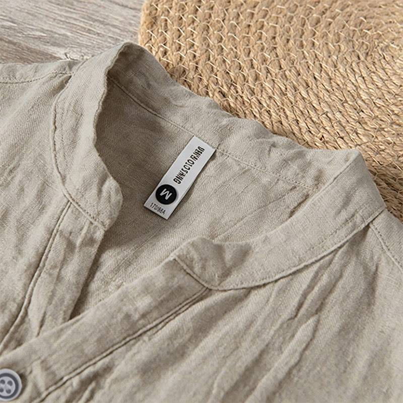 Buddha Stones Summer Half Buttons Rolled Sleeves Design Cotton Linen Men's Short Sleeve Shirt - image 9